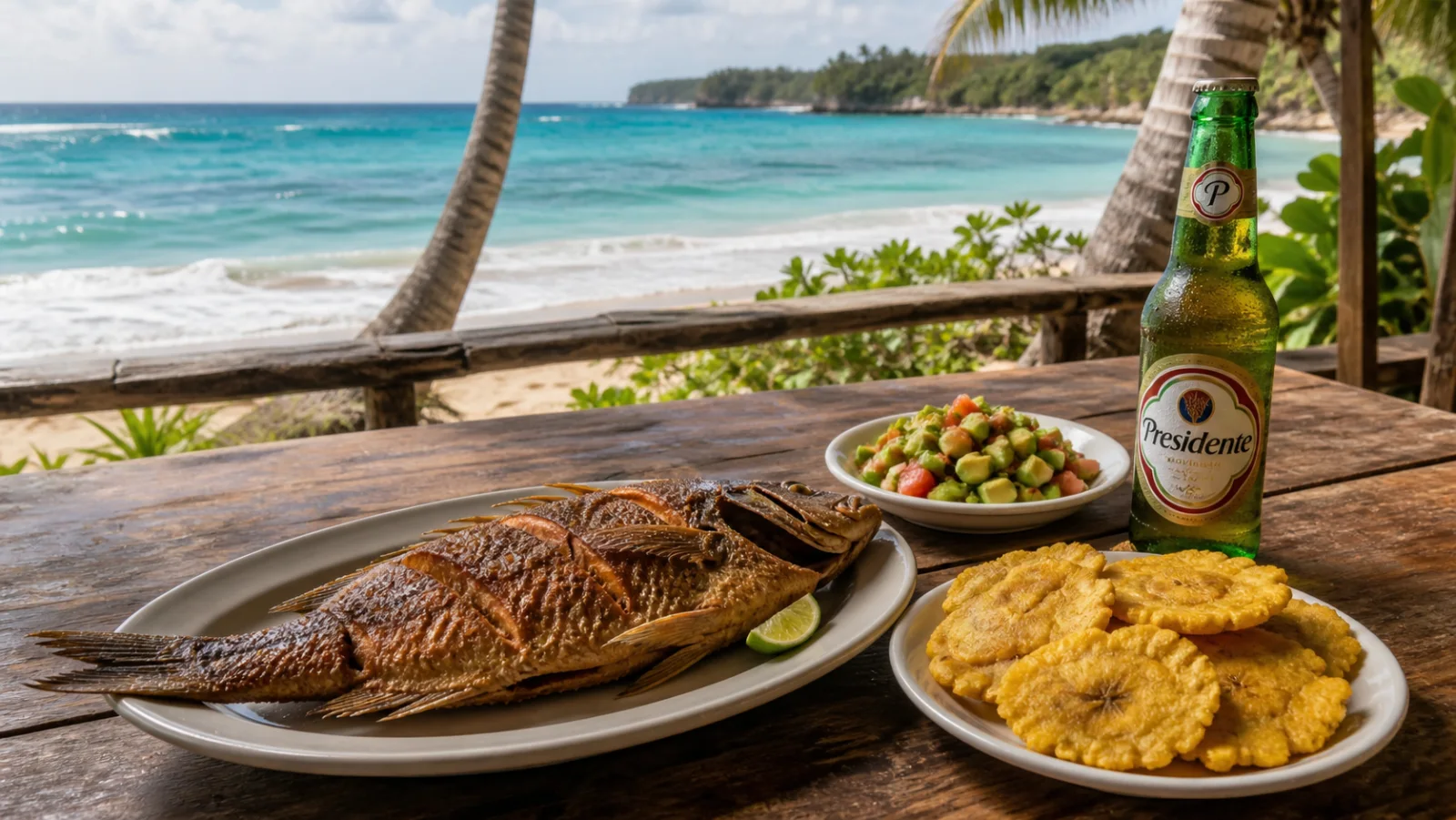 Fried fish, tostones, avocado salad, and Presidente beer overlooking a tropical beach