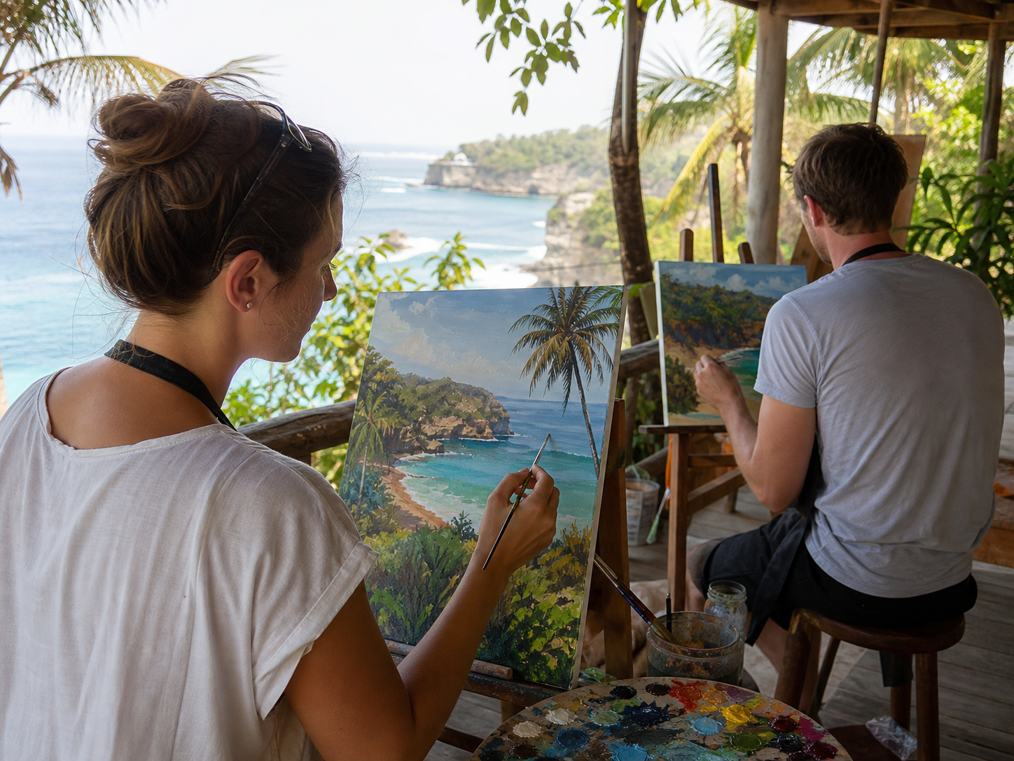 Outdoor art class painting a tropical landscape