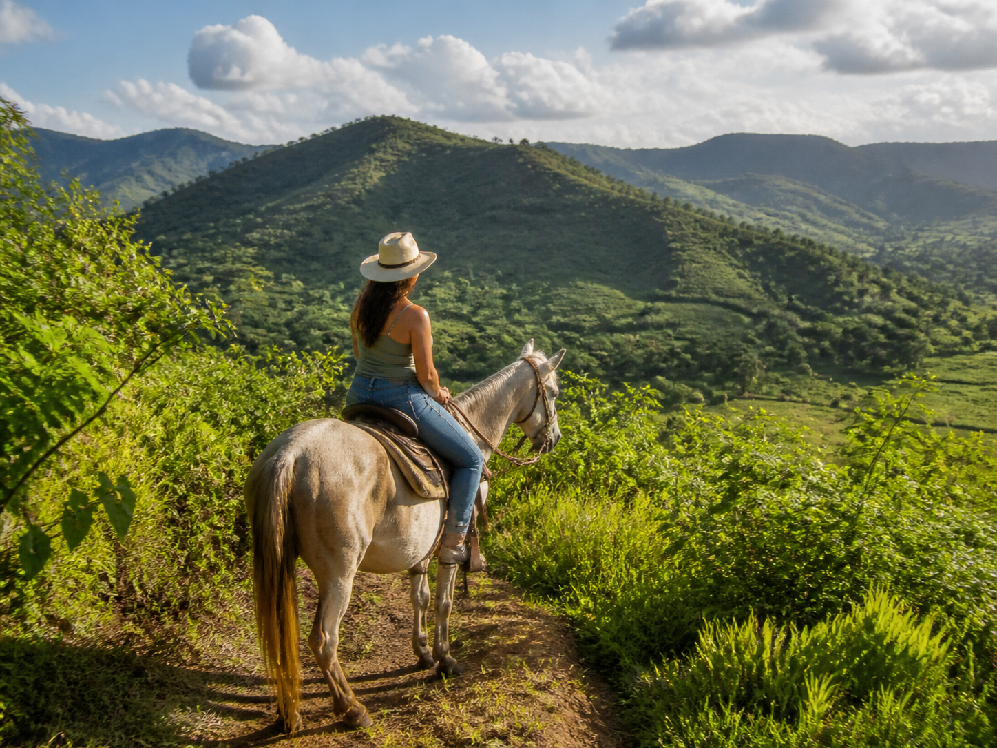 Horseback rider in the green mountains near Cabrera